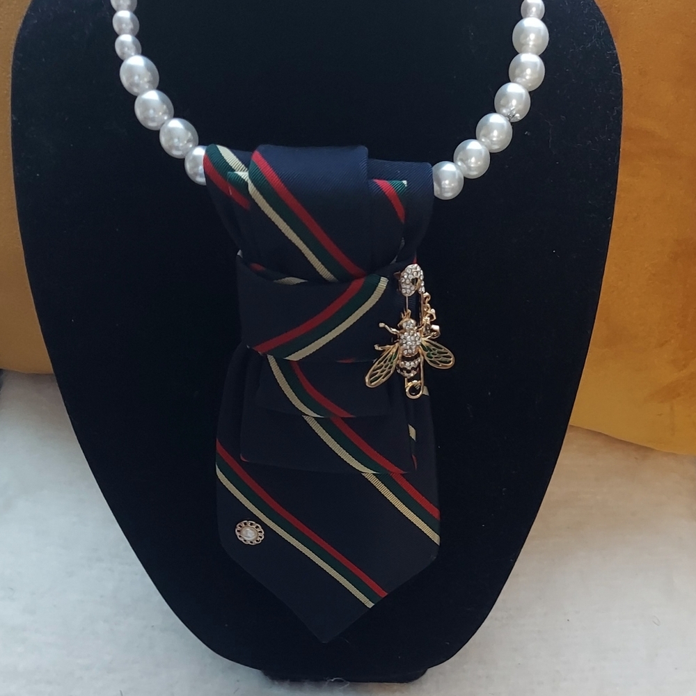 Navy Striped Tie with Gold Bee Pin